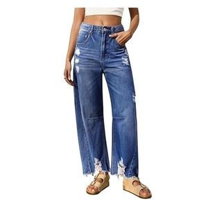 Cicy Bell Womens 8 Baggy Barrel Jeans Cropped Boyfriend Wide Leg Raw Hem Denim